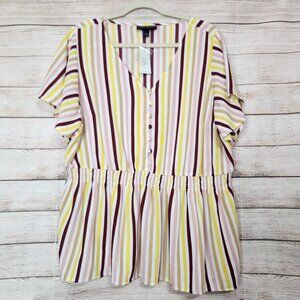 NWT Lane Bryant Short Sleeve V-Neck Smock Waist Blouse Shirt Striped Flutter 16